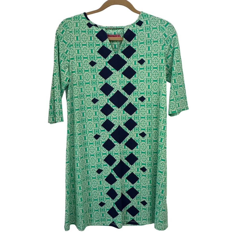 Maternal America Maternity Shift Dress Green Navy Geometric Sz S Preppy Resort